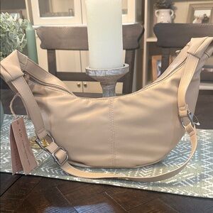 Expressions NYC Vegan‎ Leather Crescent Shoulder Bag Beige- NWT